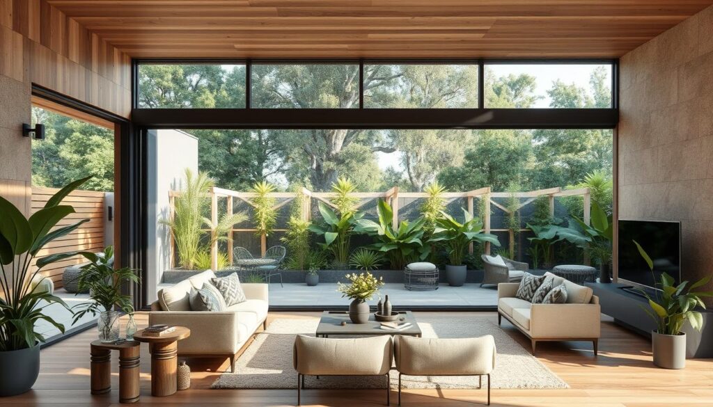 A stylish living room with large glass sliding doors that open to a lush garden, featuring a seamless flow of natural materials like wood and stone, indoor plants blending with outdoor greenery, soft natural light illuminating both spaces, cozy outdoor furniture mirroring indoor decor, creating an inviting atmosphere for relaxation and entertainment.