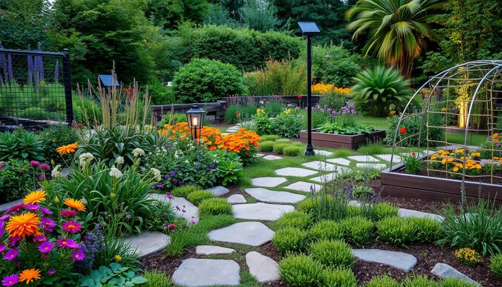 A vibrant, sustainable landscape featuring native plants, wildflower gardens, and a natural stone pathway, with a rain garden collecting rainwater, lush greenery replacing traditional grass lawns, pollinator-friendly flowers attracting butterflies and bees, a small vegetable patch with raised beds, solar-powered garden lights illuminating the scene at dusk.