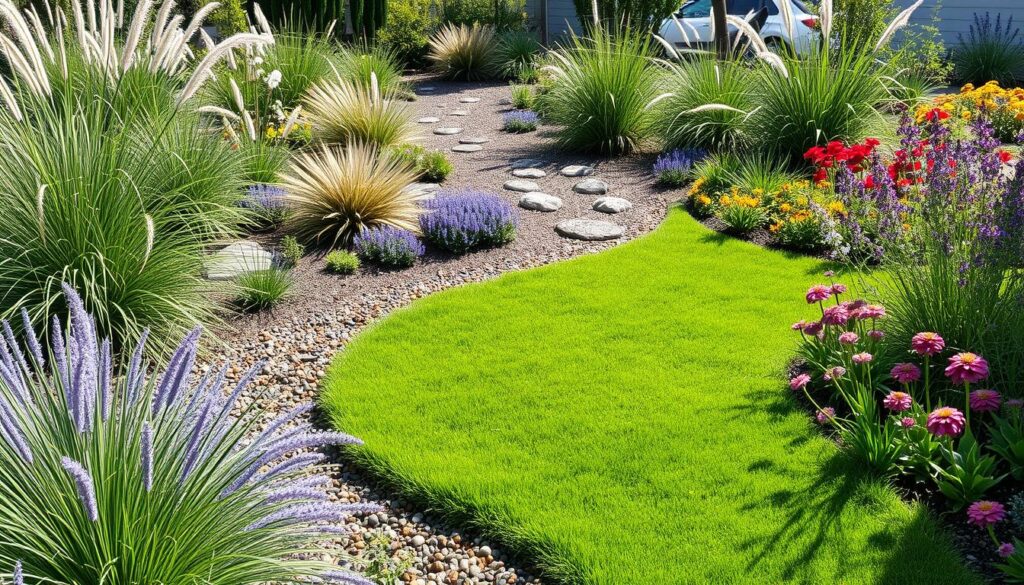 A vibrant garden featuring innovative lawn alternatives such as ornamental grasses, ground cover plants, colorful gravel pathways, and native wildflower patches, all harmoniously blended for a modern landscaping design, showcasing eco-friendly outdoor elements and diverse textures in a sunlit setting.