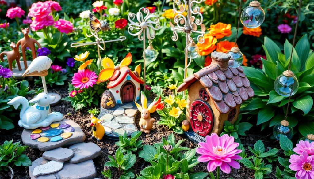 A whimsical garden scene featuring unique decorations like colorful ceramic animal sculptures, mosaic stepping stones, a fairy house nestled in the flowers, metal wind spinners catching the sunlight, and hanging glass orbs among lush greenery, all set against a backdrop of vibrant blooms and verdant foliage.