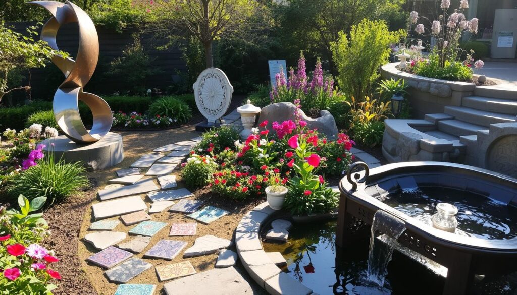 A serene garden landscape featuring various art installations, including a large abstract sculpture made of metal, colorful ceramic tiles embedded in a stone pathway, a wooden bench with intricate carvings surrounded by vibrant flowers, and a gentle water feature reflecting the sunlight, all harmonizing with lush greenery and blooming plants.