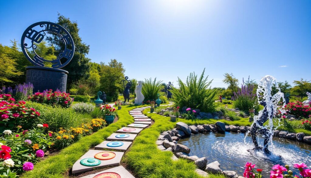 A serene garden landscape featuring a variety of vibrant outdoor art installations, including a large metal sculpture, colorful mosaic stepping stones, and a flowing fountain, surrounded by lush greenery and blooming flowers under a bright blue sky.