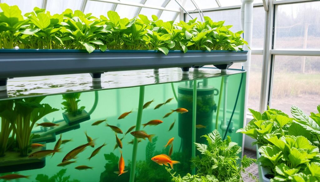 A vibrant aquaponics system featuring floating plant beds with lush green plants growing above water, colorful fish swimming below, intricate plumbing connecting a fish tank and a plant grow area, sunlight filtering through transparent greenhouse panels, and healthy vegetables like lettuce and herbs thriving in the aquatic environment.