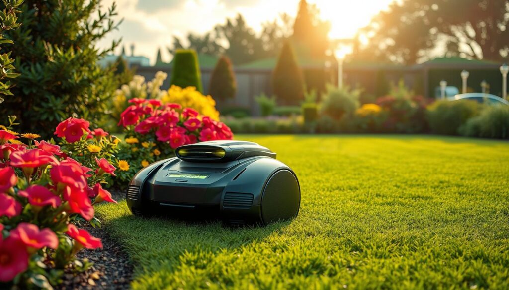 A futuristic garden scene featuring a sleek, automated robotic lawn mower gliding effortlessly across a perfectly manicured lawn, surrounded by vibrant flowers and lush greenery. The mower is designed with advanced technology and glowing accents, showcasing its efficiency and precision. In the background, a serene outdoor setting with a sunlit sky, emphasizing the tranquility and stress-free environment created by the robotic mower.