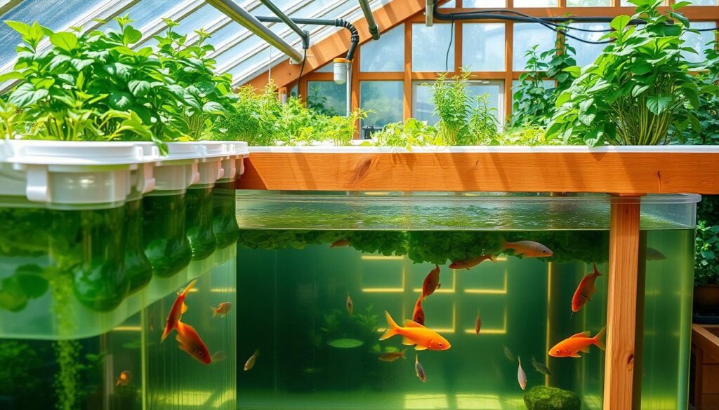 A vibrant aquaponics system setup featuring a combination of fish tanks and plant beds, lush green herbs like basil and mint growing above, clear water with colorful fish swimming below, sunlight filtering through a greenhouse, intricate piping and water circulation visible, surrounded by natural greenery and wooden accents.
