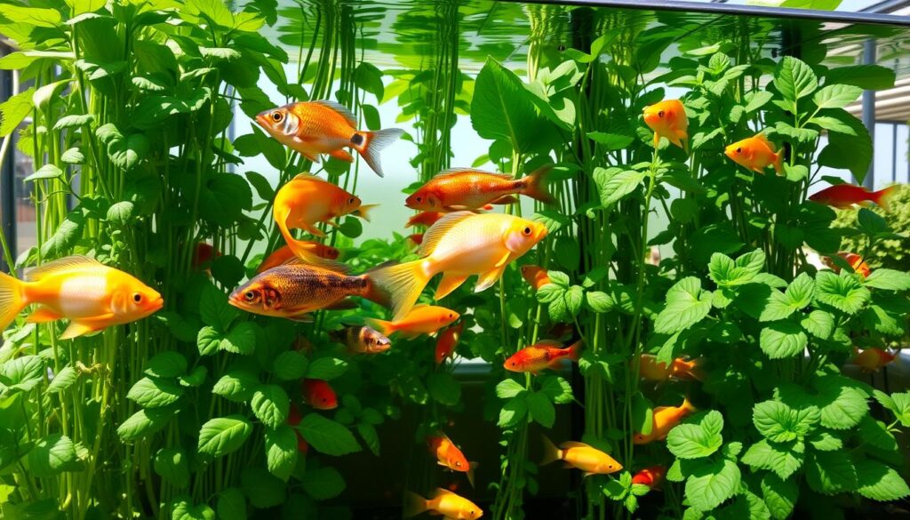 A vibrant aquaponics garden showcasing a variety of fish swimming gracefully amidst lush, leafy plants. The scene includes colorful fish like tilapia and goldfish in a clear water tank, surrounded by thriving herbs like basil, mint, and lettuce growing in a vertical setup. Sunlight filters through a greenhouse, casting gentle shadows on the green foliage, with reflections of the aquatic life on the water's surface.
