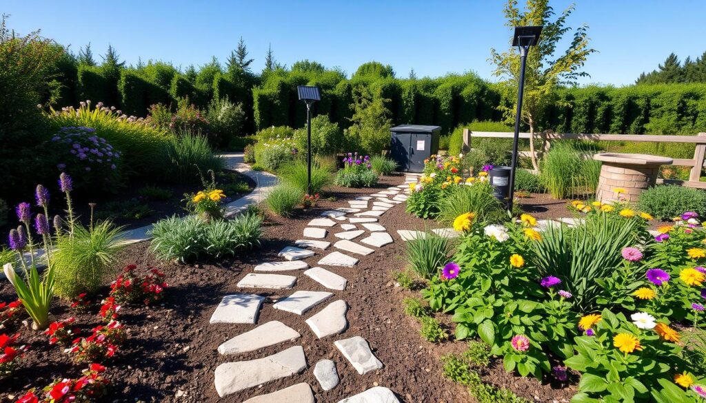 A vibrant, eco-friendly garden featuring native plants, permeable pathways made of natural stones, a rainwater collection system, solar-powered garden lights, and a compost area, surrounded by lush greenery and colorful flowers under a clear blue sky.