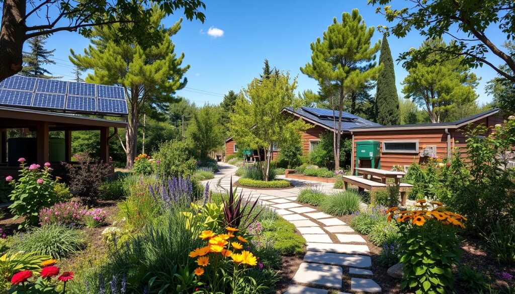 "A lush, vibrant garden featuring native plants and trees, integrated solar panels, rainwater harvesting systems, and a composting area, showcasing sustainable design elements with pathways of natural stone, diverse pollinator-friendly flowers, and a serene seating area surrounded by greenery under a clear blue sky."