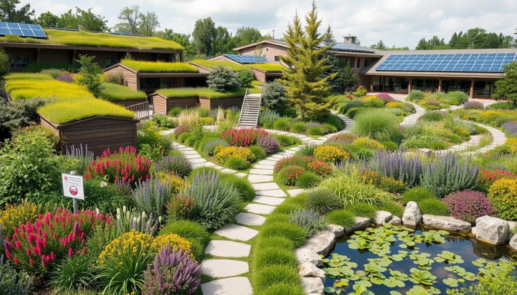 A lush, vibrant garden designed with native plants, featuring a mix of green roofs, rainwater harvesting systems, and solar panels, intertwined pathways made of natural stone, colorful flowering shrubs attracting pollinators, and a serene pond with aquatic plants, all enveloped by a backdrop of sustainable architecture.