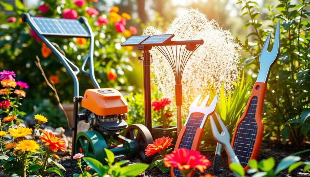 A collection of modern solar-powered gardening tools displayed in a lush garden setting, featuring a solar-powered tiller, a sleek solar irrigation system, and ergonomic hand tools with solar panels glinting under sunlight, surrounded by vibrant flowers and green plants, showcasing an eco-friendly gardening ambiance.