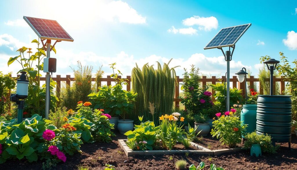 A vibrant garden scene illuminated by sunlight, featuring a variety of solar-powered gardening tools such as a solar-powered water pump, a solar panel charging station, and solar-powered garden lights. Lush green plants, colorful flowers, and a small vegetable patch surrounded by eco-friendly elements like compost bins and rain barrels, demonstrating the harmony between technology and nature. Bright blue sky with gentle clouds in the background.