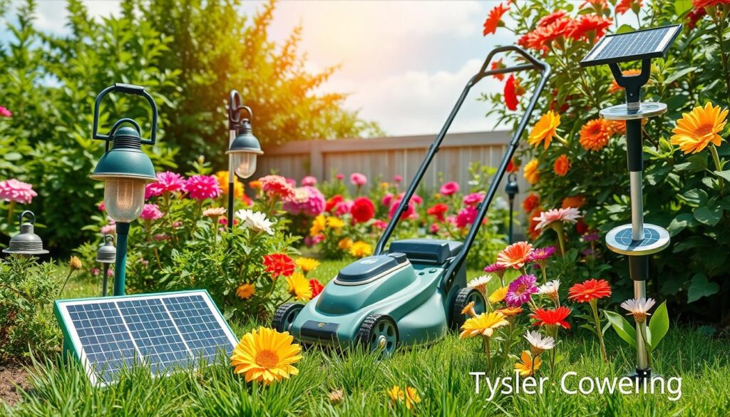 A vibrant garden scene showcasing various solar-powered gardening tools, including a solar-powered lawn mower, garden lights, and watering system. Emphasize the tools surrounded by lush greenery, blooming flowers, and a sunny sky. Include a variety of textures and colors in the garden, highlighting sustainability and eco-friendliness.