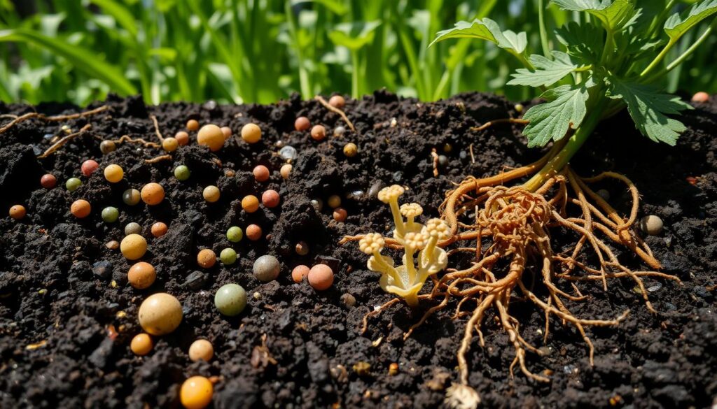 A vibrant garden scene showcasing rich, dark soil teeming with diverse microorganisms; highlighted bacteria in various shapes and colors, including friendly round cocci and elongated bacilli, interacting with plant roots; an intricate network of mycorrhizal fungi intertwining with soil particles; a background of healthy green plants thriving in sunlight.