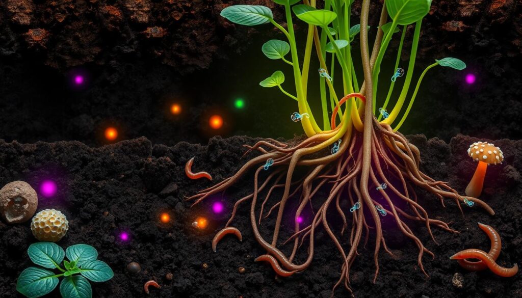 A vibrant underground scene showcasing beneficial soil bacteria, depicted as glowing, colorful microorganisms interacting harmoniously with plant roots and organic matter in rich, dark soil, surrounded by tiny fungi and earthworms, emphasizing a thriving ecosystem.