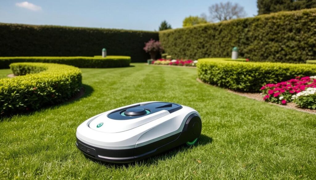 A sleek, top-rated robotic lawn mower navigating a lush green lawn, surrounded by vibrant flowers and neatly trimmed hedges, with a clear blue sky in the background, showcasing modern design and advanced technology in a serene garden setting.