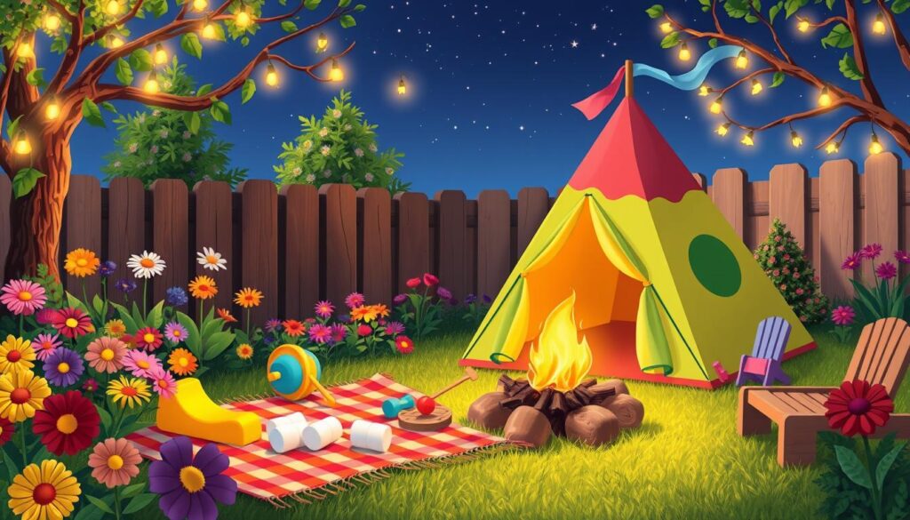 A whimsical backyard scene featuring a colorful tent set up among vibrant flowers, a picnic blanket surrounded by playful outdoor toys, a small campfire with marshmallows roasting, twinkling fairy lights hanging from branches, and a night sky filled with stars above.