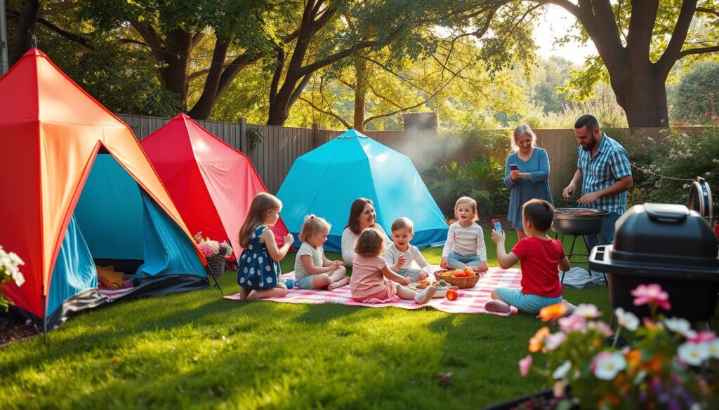 A vibrant backyard scene filled with colorful tents and picnic blankets, children playing games like tag and hide-and-seek, parents setting up a barbecue, surrounded by lush green grass and blooming flowers, soft sunlight filtering through the trees, capturing the joy and laughter of family bonding during outdoor play.