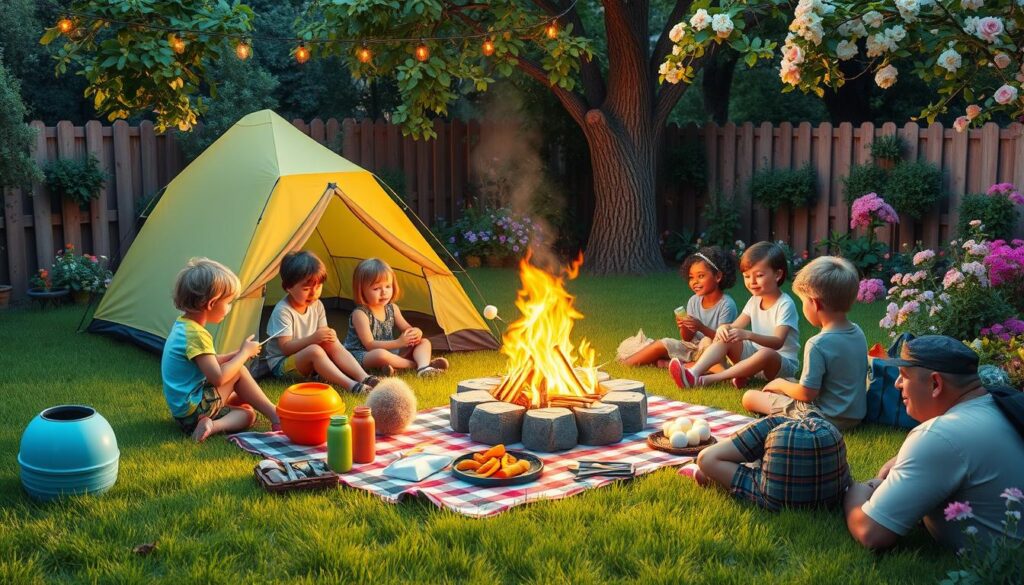 "Colorful backyard scene with a tent set up, surrounded by children playing games, roasting marshmallows over a small campfire, fairy lights hanging from trees, a picnic blanket with snacks, and various camping gear scattered around, lush green grass and blooming flowers in the background."