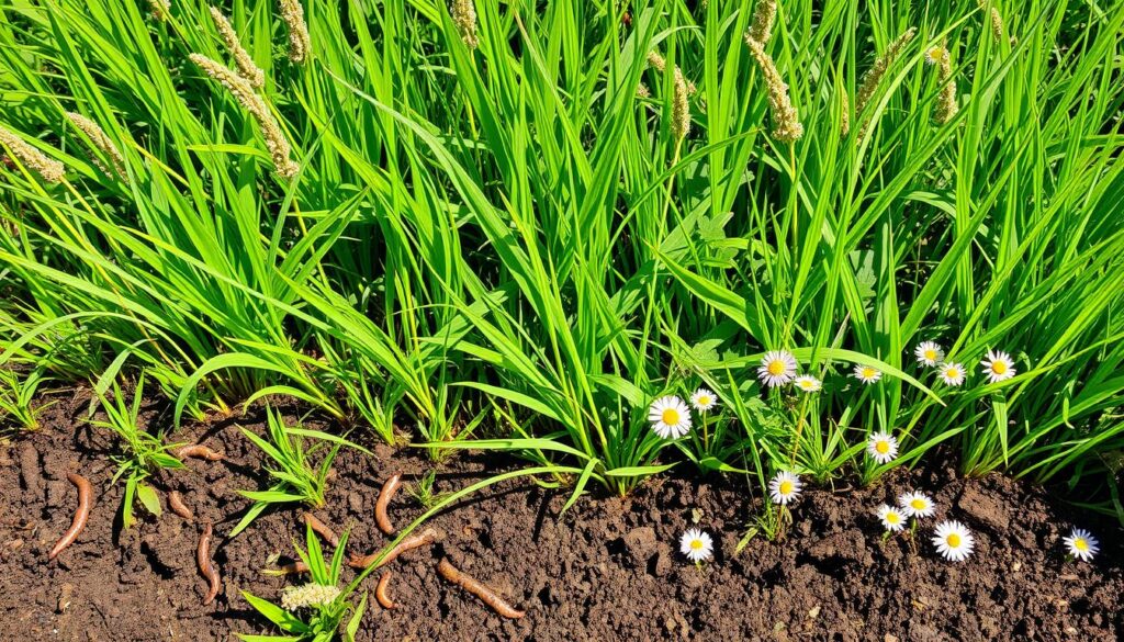 A vibrant meadow showcasing various grass species, each exhibiting unique characteristics, such as tall fescue with its deep roots, bluegrass with lush green blades, and Bermuda grass with a sun-kissed hue. Surrounding the grasses are elements of healthy soil, featuring earthworms, rich humus, and scattered wildflowers, illustrating the ecological balance and benefits of diverse grass types on soil health. The scene is bathed in soft sunlight, highlighting the textures and colors of the grasses and the surrounding environment.