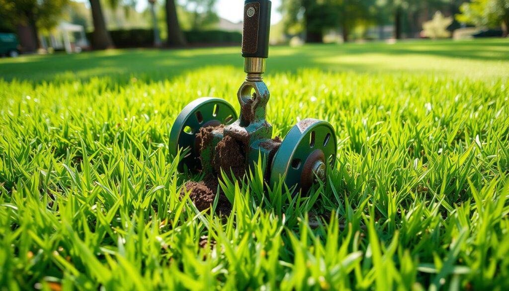 A lush green lawn being aerated with a lawn aerator tool, showcasing soil cores being pulled up, the scene is vibrant and detailed, highlighting healthy grass and small patches of sunlight filtering through trees, creating an inviting outdoor atmosphere.