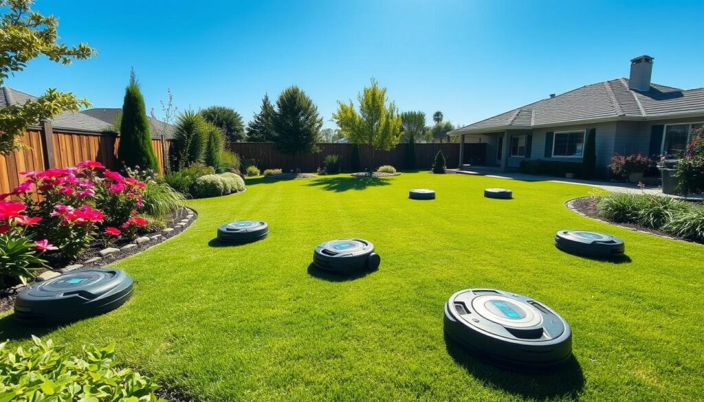 A serene suburban backyard with a perfectly manicured lawn, showcasing various sleek and modern robotic lawn mowers at work, surrounded by flowering plants and trees under a bright blue sky, conveying a sense of tranquility and effortless garden maintenance.