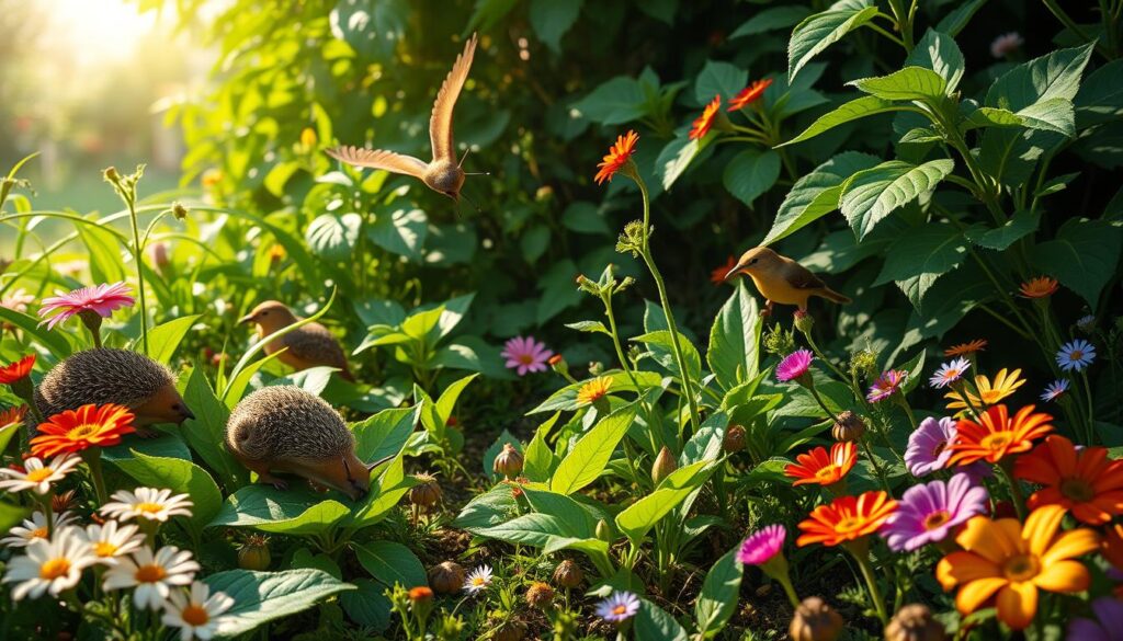 A vibrant garden scene featuring natural slug predators, such as hedgehogs, toads, and birds, foraging among lush green plants and colorful flowers, with sunlight filtering through the leaves creating a serene atmosphere.