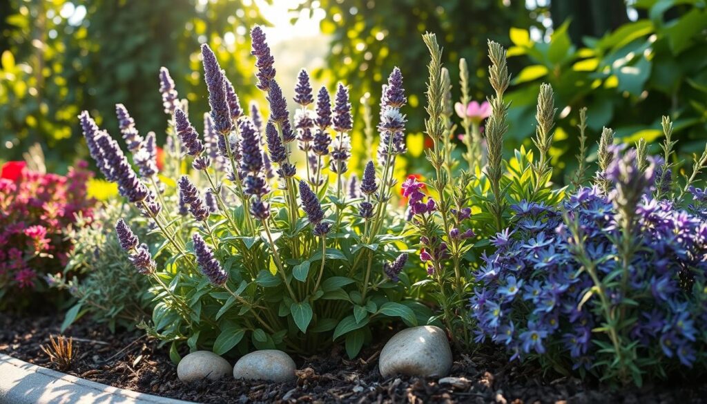 A vibrant garden scene showcasing a variety of slug-resistant plants, including lavender, sage, and rosemary, surrounded by lush green foliage. The sunlight filters through the leaves, creating a warm atmosphere, while a few decorative stones and mulch add texture to the soil. The rich colors of the plants contrast beautifully against the garden background, evoking a sense of tranquility and natural beauty.