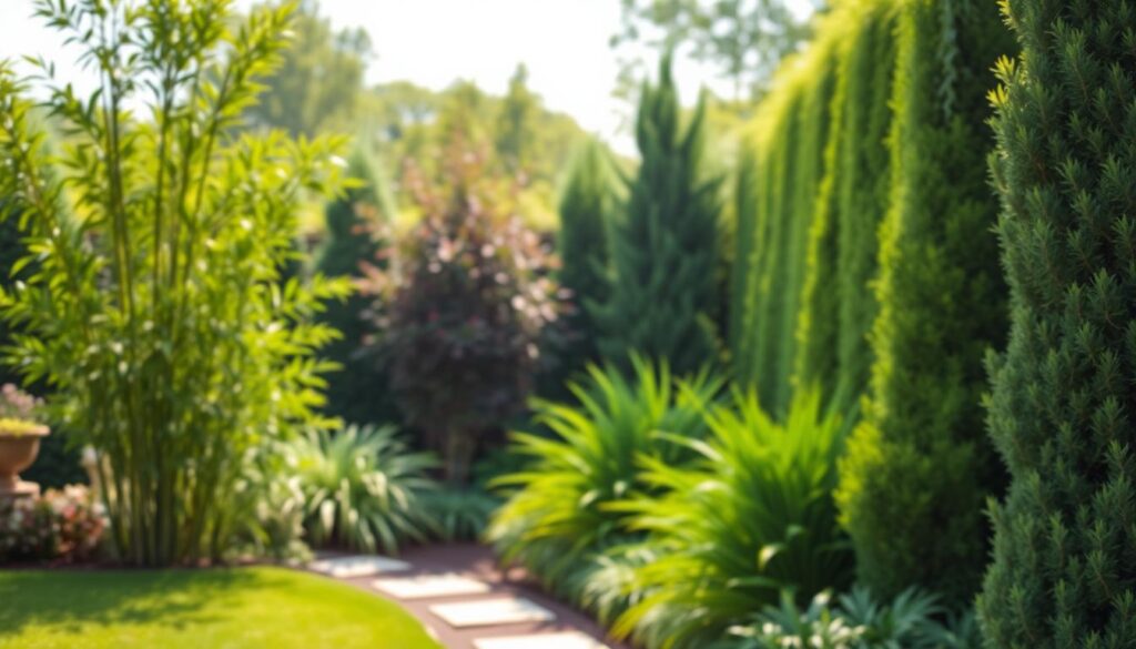 Lush garden scene featuring various tall plants and shrubs designed as natural privacy screens, including bamboo, leylandii, and arborvitae, with a soft, serene background of blurred greenery and a sunny sky.