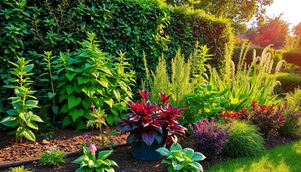 Lush garden scene showcasing various plants ideal for privacy screens, highlighting different soil textures and climate zones, diverse foliage colors, and varying heights of plants, with a backdrop of sunlit skies and shaded areas, emphasizing natural beauty and harmony in plant selection.