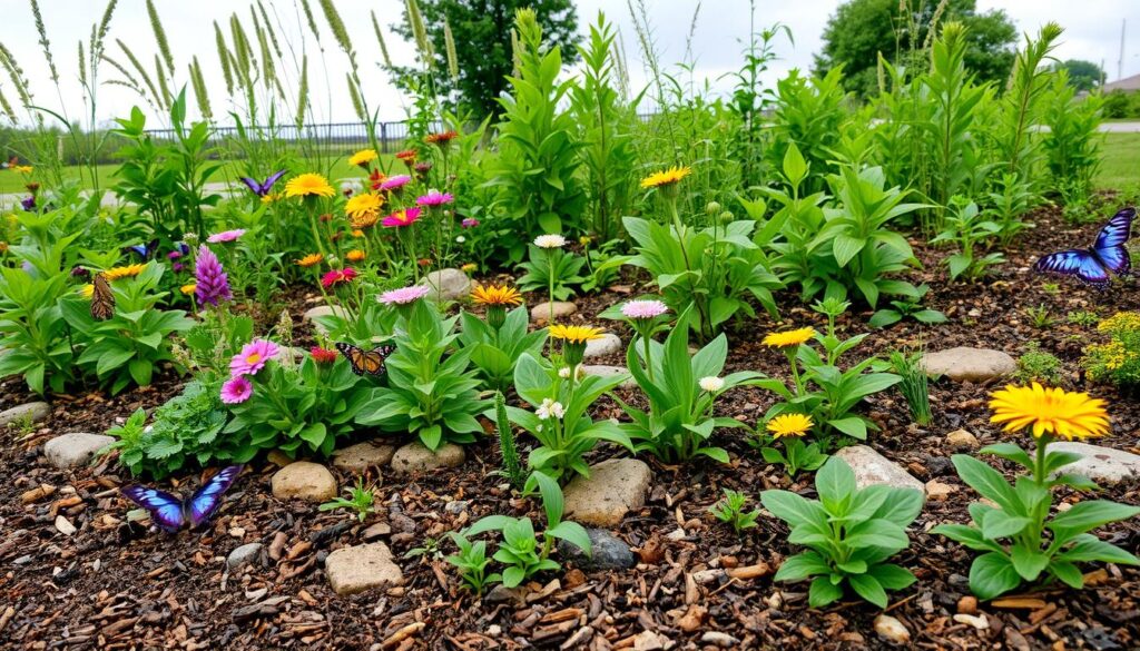 A vibrant rain garden filled with diverse native plants, interspersed with stones and mulch, capturing rainwater pooling in shallow depressions, colorful butterflies and bees visiting flowers, a serene atmosphere under a cloudy sky, lush greenery thriving in well-drained soil, showcasing the beauty of water conservation and supporting biodiversity.