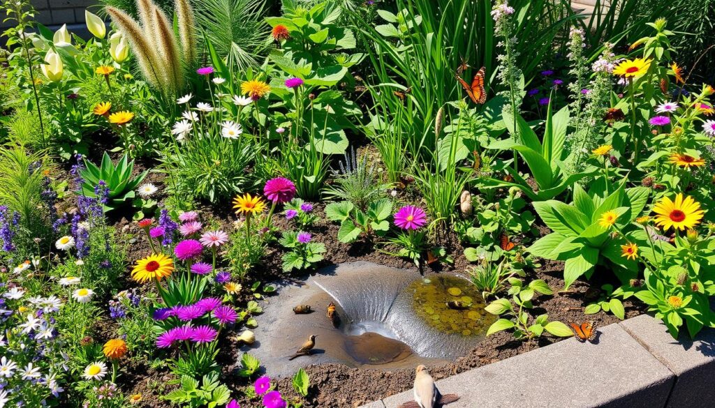 A vibrant rain garden filled with diverse native plants, colorful flowers, and lush greenery, interspersed with small puddles collecting rainwater, surrounded by butterflies, bees, and birds, showcasing a harmonious ecosystem thriving in a sunlit urban environment.