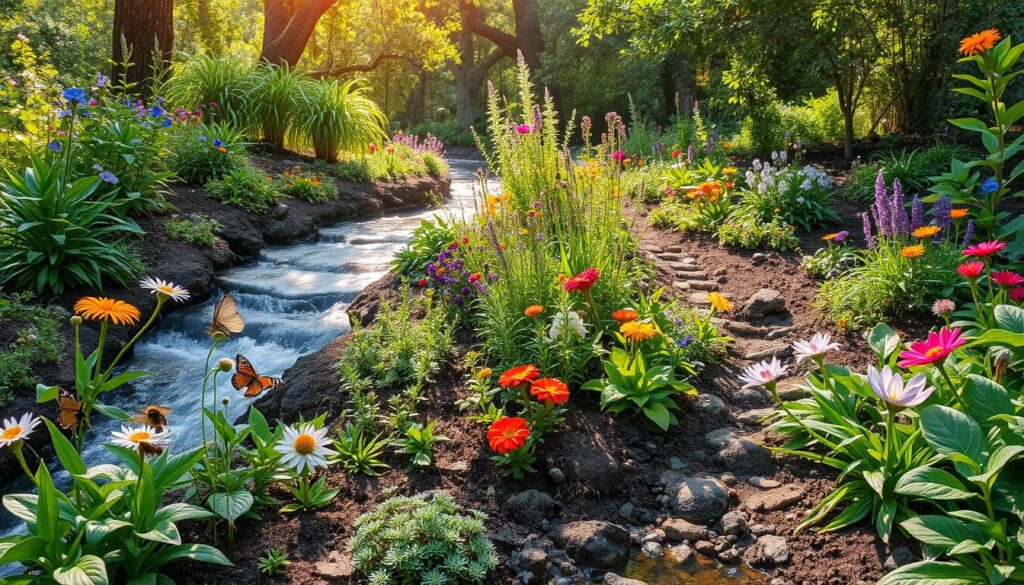 A vibrant rain garden filled with diverse native plants, colorful flowers, and lush greenery, surrounded by a gently flowing stream. Various pollinators like butterflies and bees fluttering around, while birds perch on branches, showcasing a thriving ecosystem. The soil is visibly healthy and moist, with rainwater pooling in natural depressions, emphasizing the concept of water conservation. Sunlight filters through the trees, creating a peaceful and inviting atmosphere.