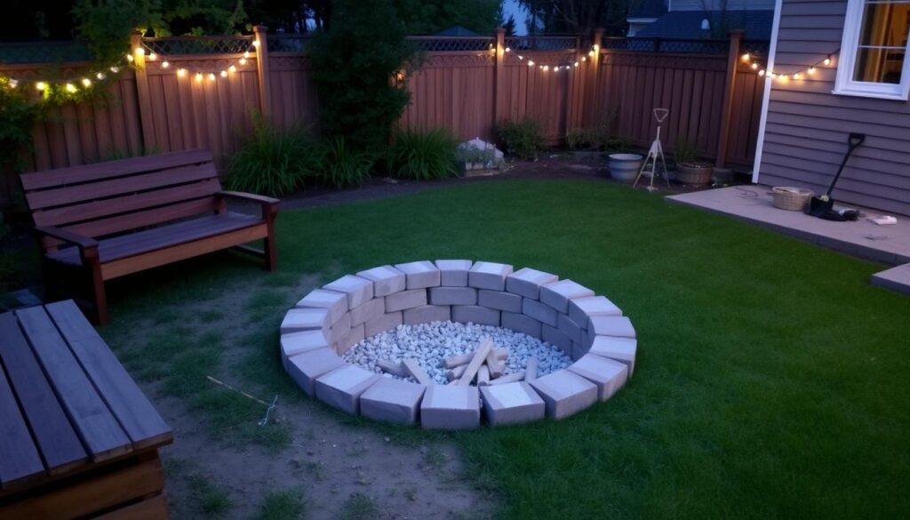 A cozy backyard scene featuring a partially constructed fire pit made of stone bricks, surrounded by wooden seating, lush green grass, and decorative outdoor lights glowing softly at dusk, with tools and materials like gravel and a shovel nearby.