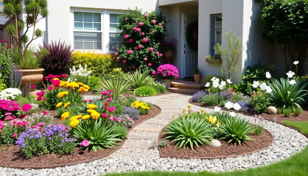 "Charming front yard landscape showcasing compact plants and innovative designs, featuring colorful flower beds, decorative gravel pathways, vertical gardens, and artistic use of space, all in a vibrant sunny setting."