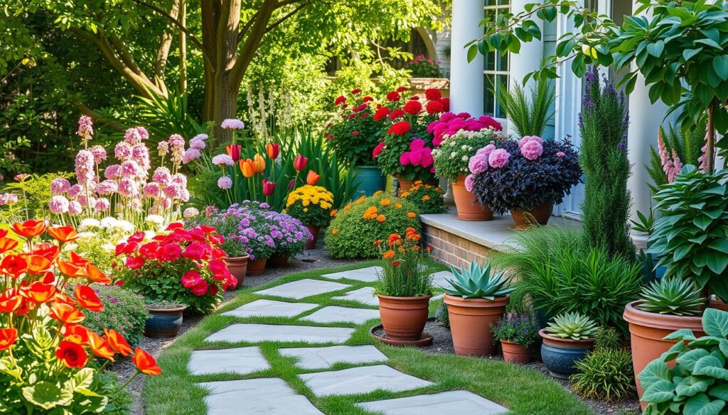 A vibrant front yard scene showcasing a variety of compact plants suited for small spaces, featuring colorful flowering perennials, neatly arranged pots with succulents and herbs, a charming pathway made of stone tiles, and a welcoming atmosphere with soft sunlight filtering through leafy greenery.