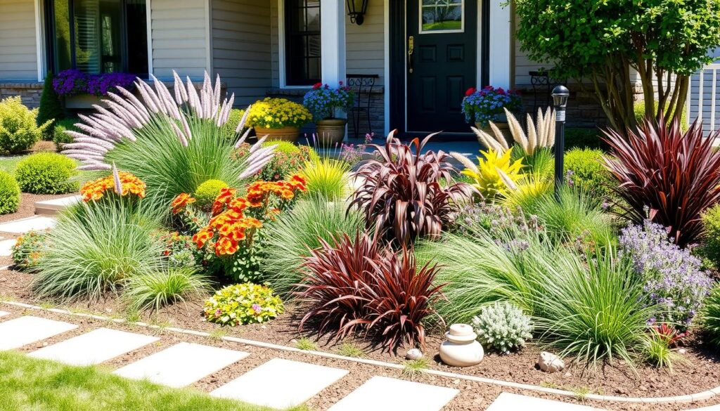 A vibrant front yard featuring a variety of compact plants ideal for small spaces, including colorful flowering shrubs, ornamental grasses, and low-maintenance perennials, arranged in an eye-catching layout. Include charming planters and decorative stone pathways, all set against a cozy home facade that enhances curb appeal, with bright sunlight illuminating the scene.