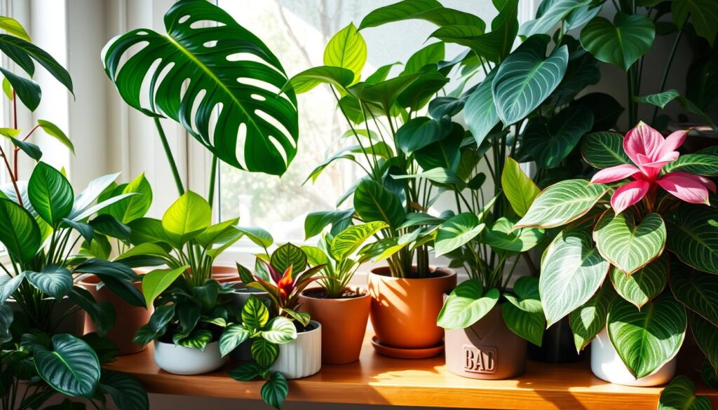 A vibrant indoor garden featuring rare and collectible houseplants, showcasing unique foliage patterns, unusual colors, and interesting textures. Include varieties such as Monstera Albo, Variegated Pothos, and Philodendron Pink Princess, arranged in stylish pots on a wooden shelf with soft natural light filtering through a window, creating a serene and lush atmosphere.