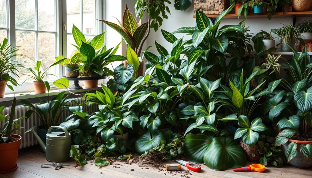 "A vibrant indoor garden showcasing an array of rare houseplants, featuring exotic foliage shapes and colors, lush green textures, unusual patterns, intricate leaf designs, and unique growth habits, all displayed in elegant pots and surrounded by soft natural light."