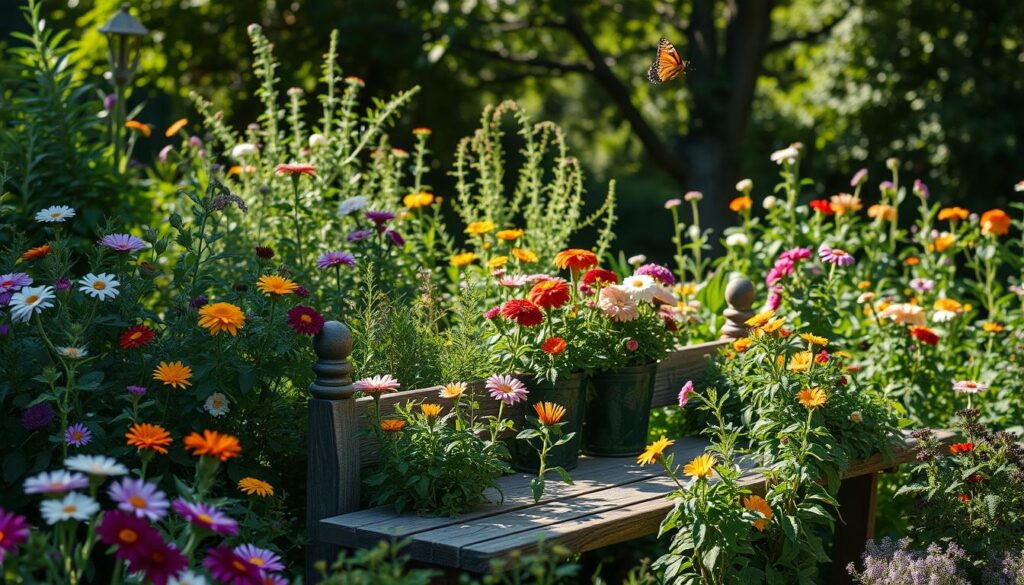 A serene garden scene featuring a diverse array of colorful flowers, lush green plants, and a butterfly fluttering above. Soft sunlight filters through the trees, casting gentle shadows on a rustic wooden bench surrounded by blooming herbs. The atmosphere conveys tranquility and connection to nature, embodying a sense of mental wellness through gardening.