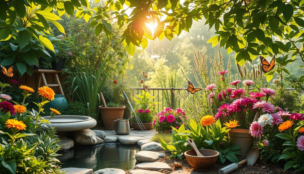 A serene garden scene with lush greenery, vibrant flowers, and a tranquil water feature, showcasing a gentle sunlight filtering through leaves, evoking a sense of calm and mindfulness. Include various gardening tools arranged neatly, butterflies fluttering around, and soft earth tones blending harmoniously, capturing the essence of eco-anxiety reduction through nature.