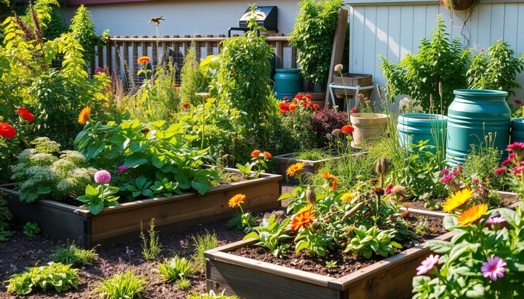 A vibrant garden showcasing diverse plants in harmony, featuring raised beds filled with organic vegetables, pollinator-friendly flowers, and native plants, a compost pile in the corner, rainwater collection barrels, and a diverse array of beneficial insects and birds. The scene is bathed in warm sunlight, highlighting the lush greenery and colorful blooms, with a calming atmosphere that embodies mindfulness and sustainability.