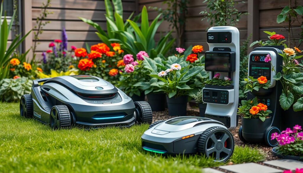 A futuristic garden scene featuring sleek, high-tech gardening devices, including a robotic lawn mower with advanced sensors, an automated irrigation system with solar panels, smart plant monitors with digital displays, and a compact vertical garden setup. The setting includes lush greenery and vibrant flowers, showcasing the devices seamlessly integrated into a modern backyard.