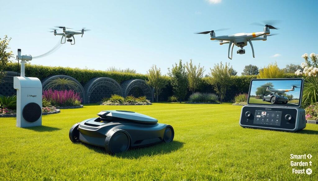 A futuristic landscape featuring innovative smart lawn care gadgets, including a robotic lawn mower gliding effortlessly over a perfectly manicured lawn, an automated irrigation system with sleek sensors, a drone surveying the garden from above, and a compact smart garden hub with touchscreen controls, surrounded by lush greenery and blooming flowers under a clear blue sky.