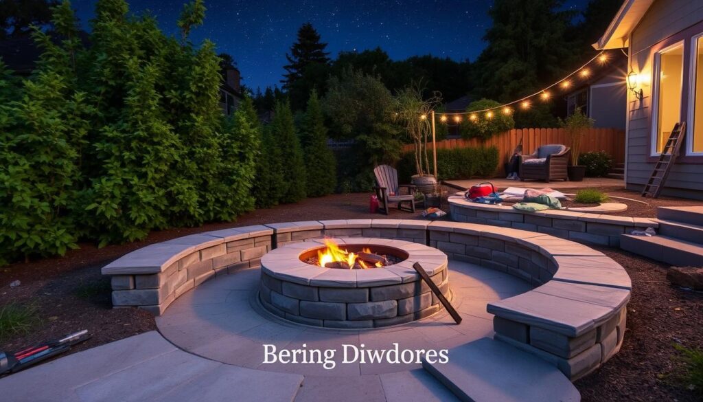 A cozy backyard fire pit surrounded by stone seating, with glowing embers and flames, lush greenery and a starry night sky above, showcasing various stages of construction with tools and materials scattered nearby.