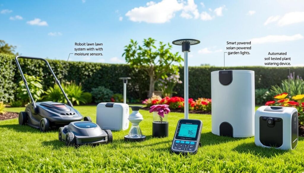 A modern garden scene showcasing a variety of top-rated smart gardening devices, including a robotic lawn mower, smart irrigation system with moisture sensors, solar-powered garden lights, a high-tech soil tester with a digital screen, and an automated plant watering device, all set against a lush green lawn and vibrant flower beds under a bright blue sky.