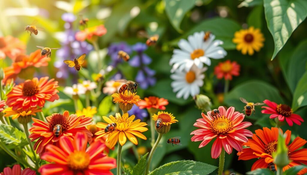 A vibrant garden scene showcasing beneficial insects such as ladybugs, lacewings, and bees amidst colorful flowers, with a contrasting subtle presence of common garden pests like aphids and caterpillars, set in a lush, thriving environment with soft sunlight filtering through leaves, emphasizing the harmony between pests and pollinators.