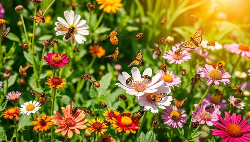 "A vibrant garden scene filled with diverse beneficial insects, including ladybugs, bees, and lacewings, interacting harmoniously with flowers and plants. Emphasize the intricate details of each insect's wings and colors, surrounded by lush greenery and blooming blossoms under warm sunlight."