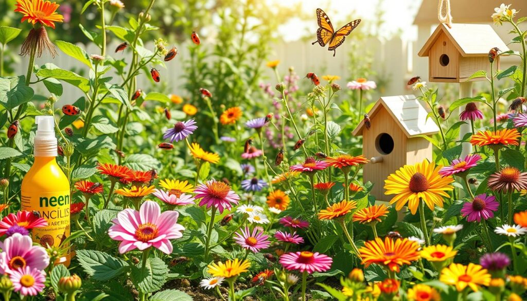 A vibrant garden scene showcasing diverse beneficial insects, such as ladybugs and lacewings, interacting harmoniously with plants. Incorporate natural elements like neem oil spray bottles, companion planting displays, and colorful flowers attracting pollinators. Whimsical details like a small birdhouse and a butterfly fluttering overhead to symbolize a balanced ecosystem, all set in a bright, sunlit atmosphere.