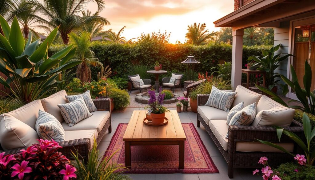 Comfortable outdoor furniture arranged in a lush backyard oasis, featuring plush cushions on sofas, a chic coffee table, surrounded by vibrant plants and colorful flowers, with soft ambient lighting creating a warm atmosphere during sunset.