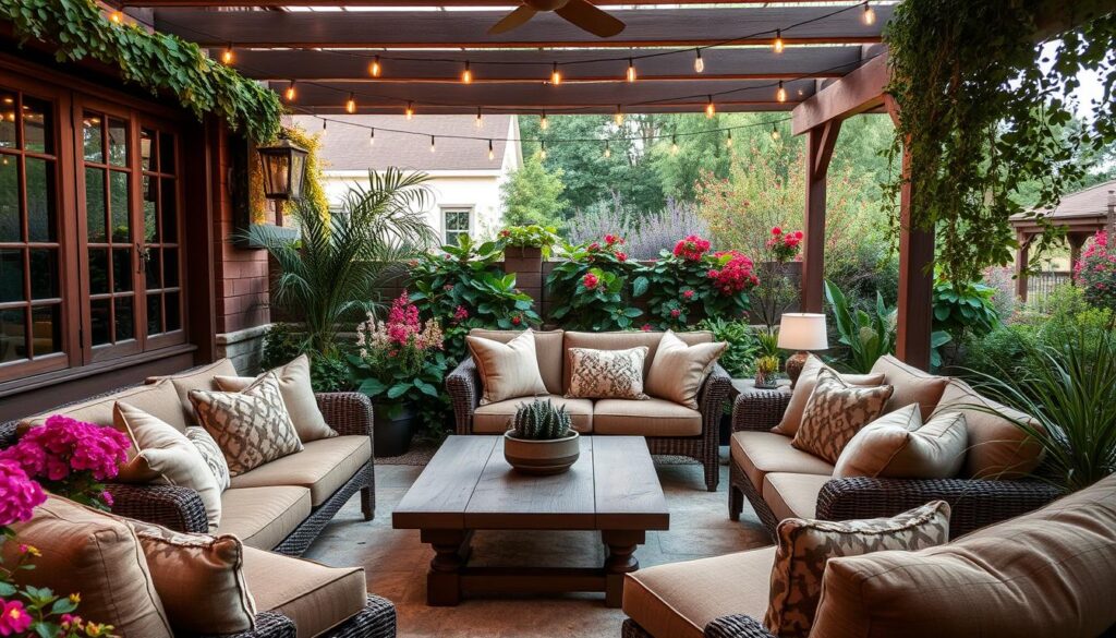 A cozy outdoor living room featuring plush, oversized cushions on deep seating furniture, surrounded by lush greenery and flowering plants, a rustic wooden coffee table, and soft ambient lighting strung overhead, creating a warm and inviting atmosphere.